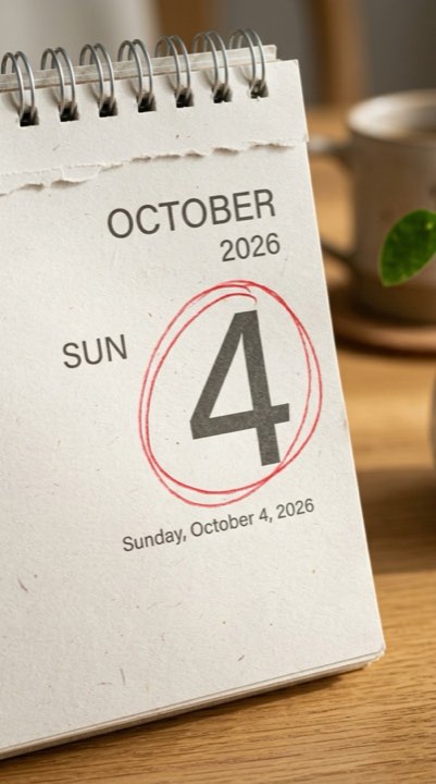 A desk calendar with Sunday 4 October 2026 circled in red