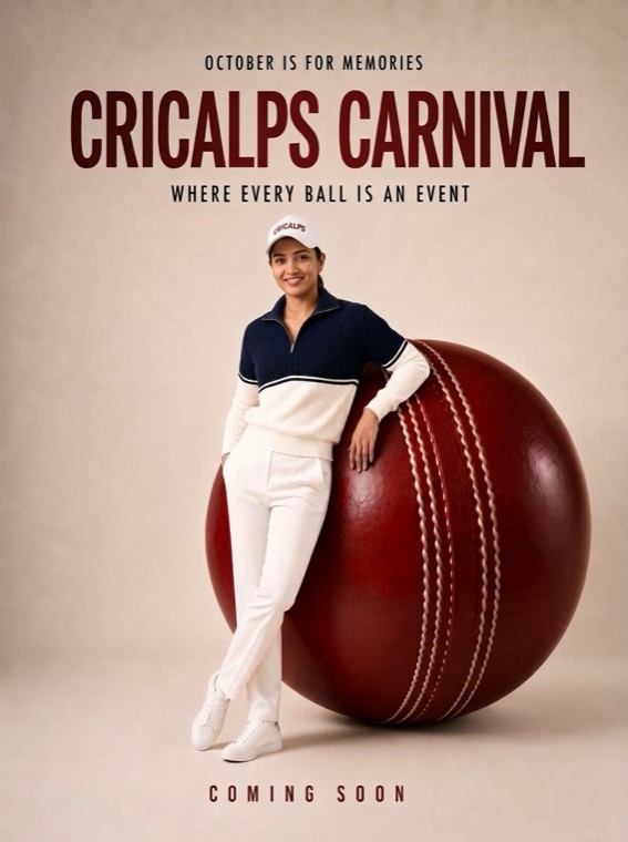 Cricalps Carnival poster: a cricketer in club kit leaning against an oversized cricket ball