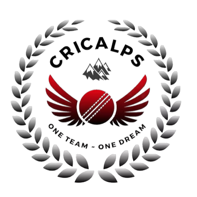 The Cricalps club crest: a winged cricket ball over the Alps, ringed by a laurel wreath and the motto One Team, One Dream